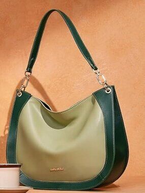NEW LuxeBold Two-Tone Hobo Shoulder Bag - Green & Beige